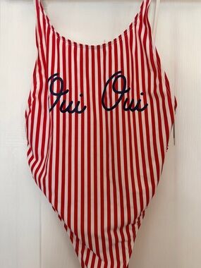 PRIVATE PARTY Red & White Striped Swimsuit with Navy Script